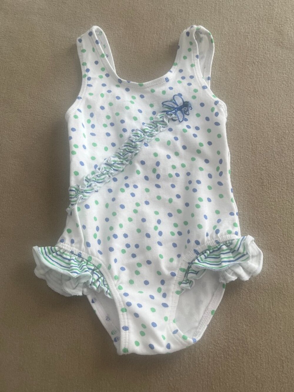 Big Fish Baby Girl White & Blue Polka Dot Swimsuit Size 12 Month Like New
